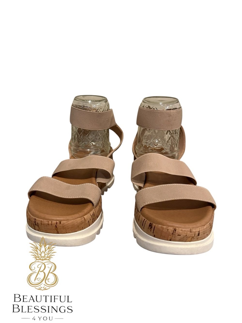 Steve Madden platform Sandals Women 8.5 Beige Elastic Strap Cork Wedge Comfort - Picture 2 of 11